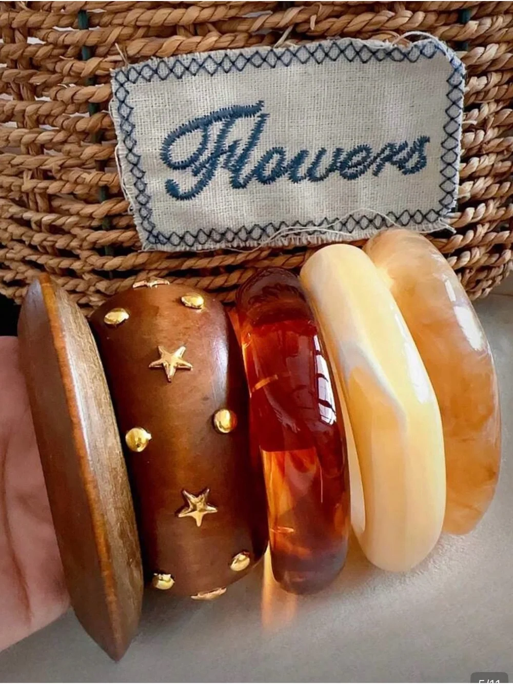 Stacked Amber and Cream Resin Decorative Bracelets - Unbranded